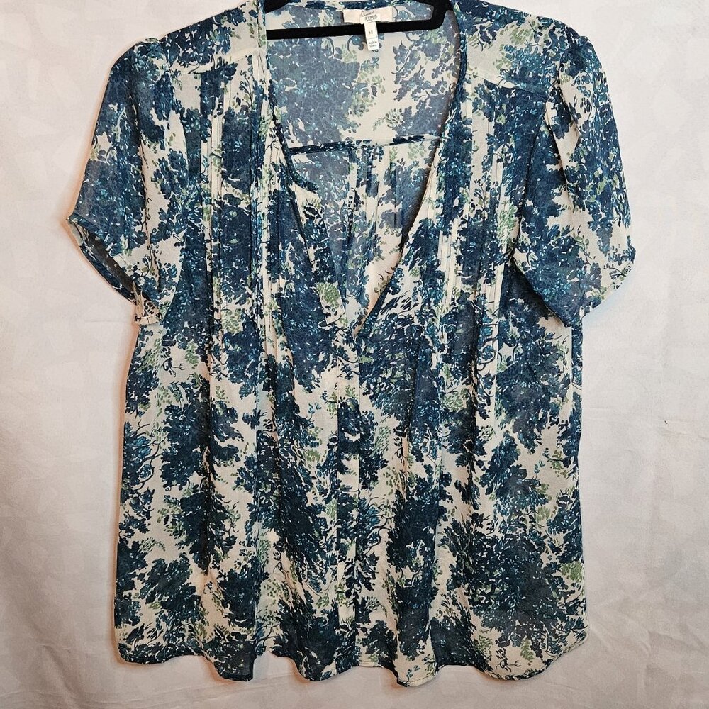 Joie Woman's Silk Button-up Short Sleeve Green And Tan Floral Top Size M